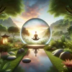 "Imagina una composición visual que simbolice la tranquilidad y los beneficios transformadores de la meditación diaria. En el centro, una figura humana en posición de loto, emanando un aura de calma y serenidad, rodeada por un entorno natural idílico que refleja un refugio de paz: un jardín zen, con piedras suavemente colocadas, plantas verdes vibrantes, y tal vez un pequeño estanque que simboliza la claridad mental. La escena está bañada por la luz suave del amanecer o el atardecer, con tonalidades cálidas que invitan a la reflexión y la introspección. Elementos como pétalos de flores flotando en el aire o pequeñas luces, pueden añadir un toque de magia y espiritualidad. La imagen debe inspirar un sentimiento de conexión profunda con el interior y con la naturaleza, resaltando la meditación como una puerta hacia el equilibrio y la armonía interior."